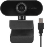 Webcam USB 1080p com microfone e plug and play, ideal para videochamadas e aulas online, compatível com Linux