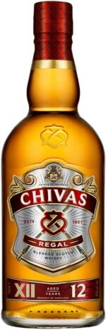 Whisky Chivas Regal 12 anos 750 ml: sabor suave com notas de mel, baunilha e maçã, ideal para puro, on the rocks ou drinks.