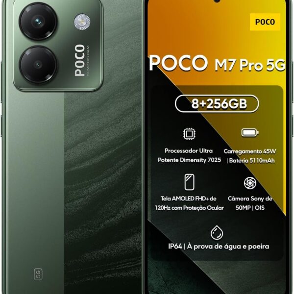 Xiaomi POCO M7 Pro 5G 256GB: desempenho potente, tela AMOLED 120Hz e bateria 5110mAh com 45W Turbo Charge.