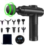 YARUIKE Pistola de Massagem Muscular Profunda: 30 velocidades, 10 cabeças, tela LCD e bateria recarregável para alívio eficaz e recuperação rápida.