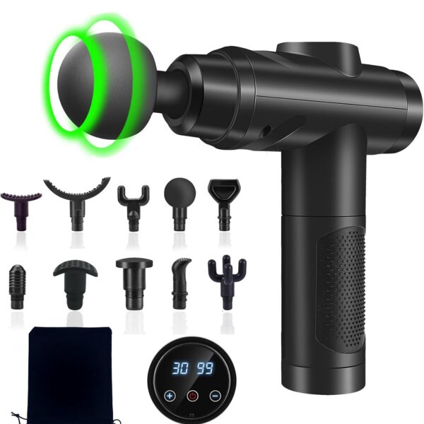 YARUIKE Pistola de Massagem Muscular Profunda: 30 velocidades, 10 cabeças, tela LCD e bateria recarregável para alívio eficaz e recuperação rápida.