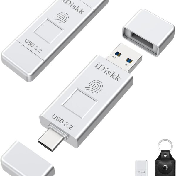 iDiskk Flash Drive 512GB: backup rápido e seguro com impressão digital e USB-C para iPhone 15, MacBook e Android